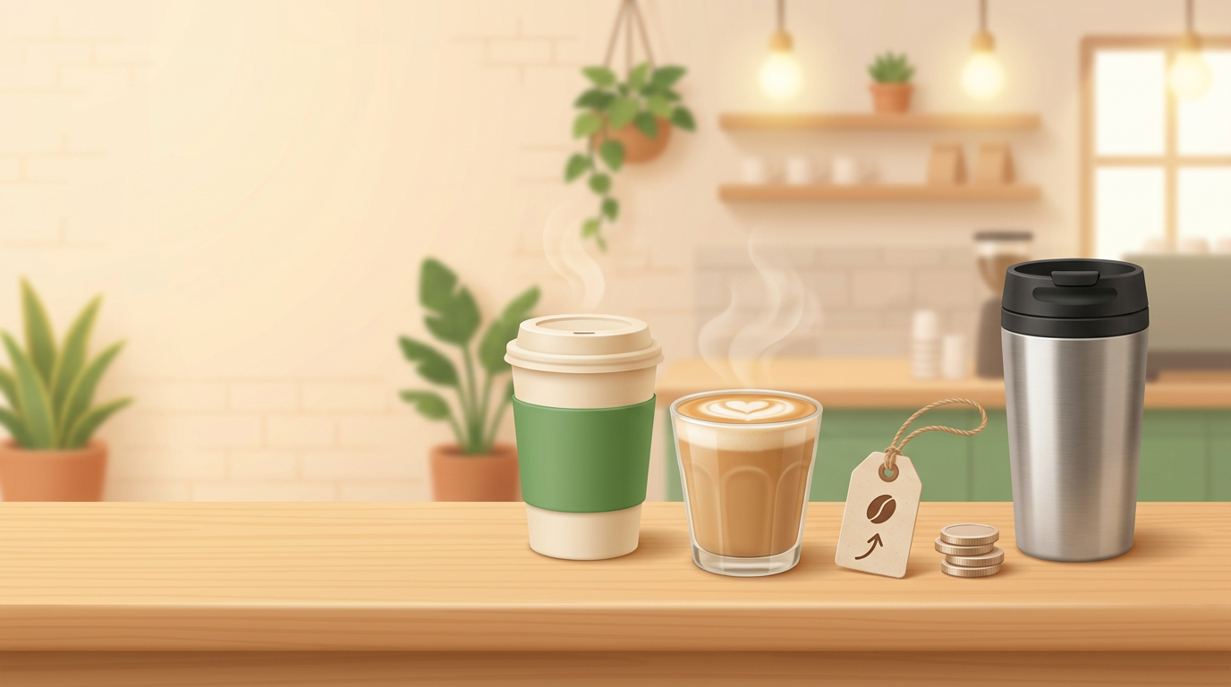 スタバの値上げをイメージした、コーヒーカップ・ラテ・値札・タンブラーのイラスト