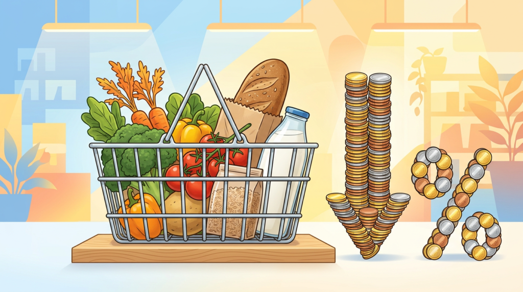 食料品がいっぱいのスーパーのかごと、コインで作った下向きの矢印とパーセント記号のイラスト