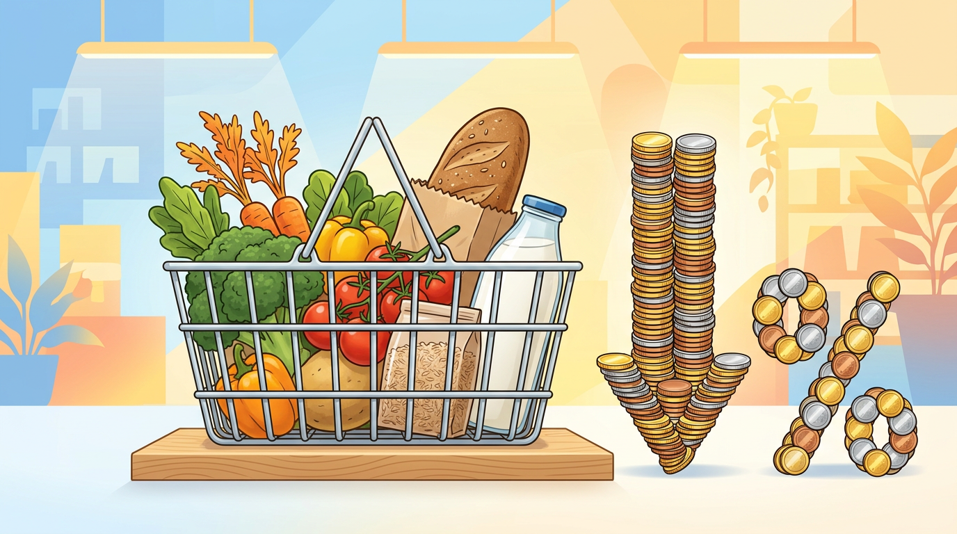 食料品がいっぱいのスーパーのかごと、コインで作った下向きの矢印とパーセント記号のイラスト