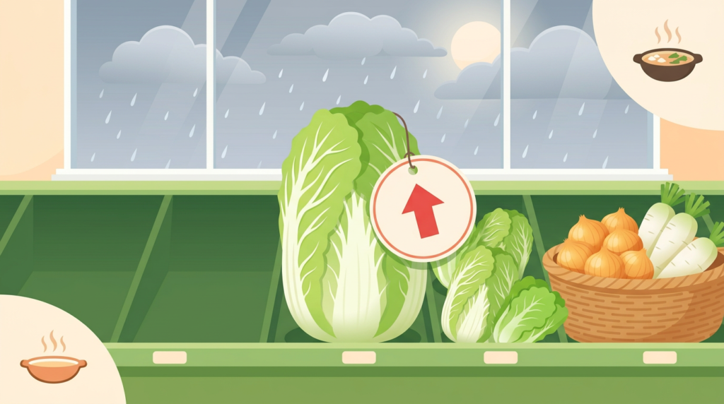 雨雲の下のスーパーの野菜売り場で、値上がりを示す札が付いた白菜と、手頃な価格の玉ねぎ・大根のかご
