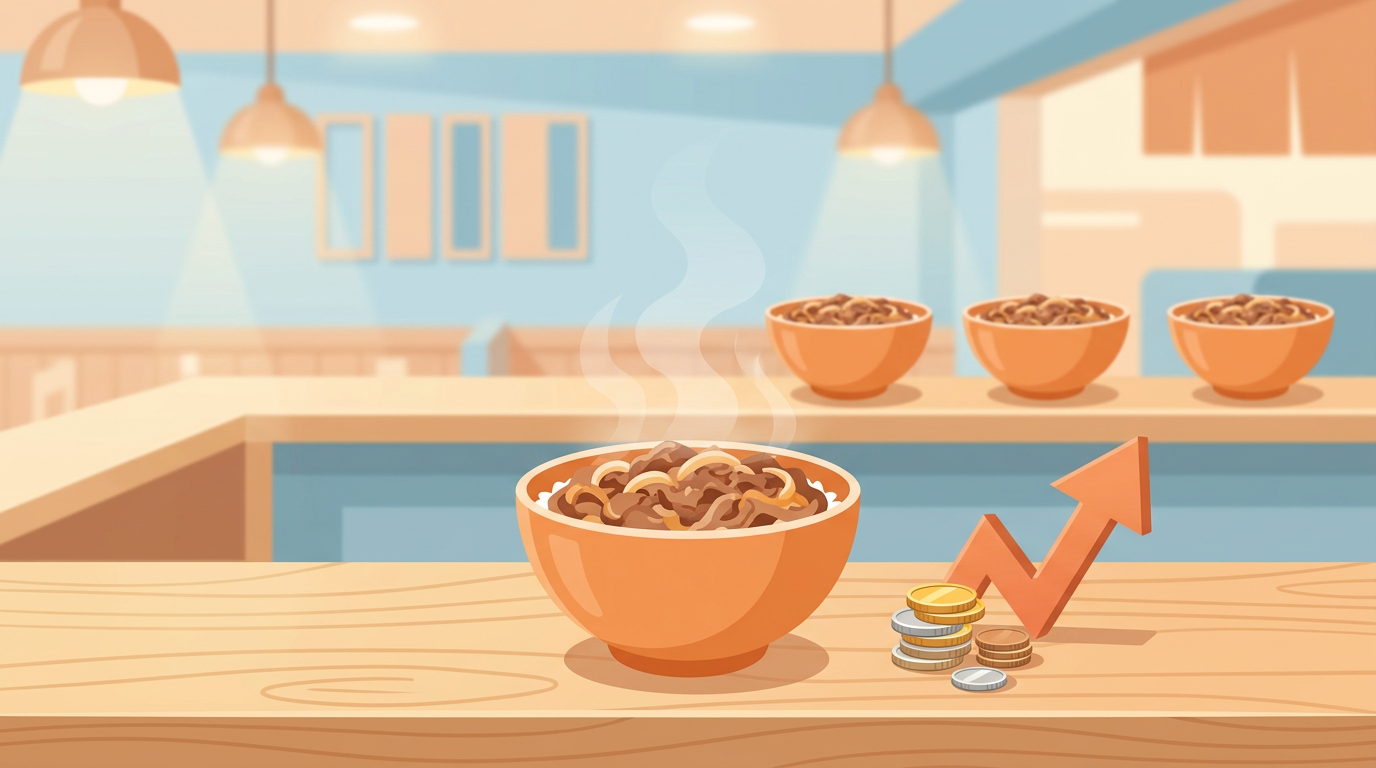 牛丼と硬貨、上向きの矢印のイラスト（松屋の値上げ）