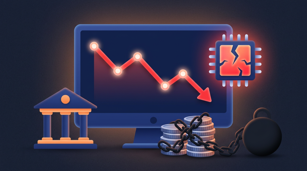 日経平均の急落とAI関連の借金不安を表すイラスト