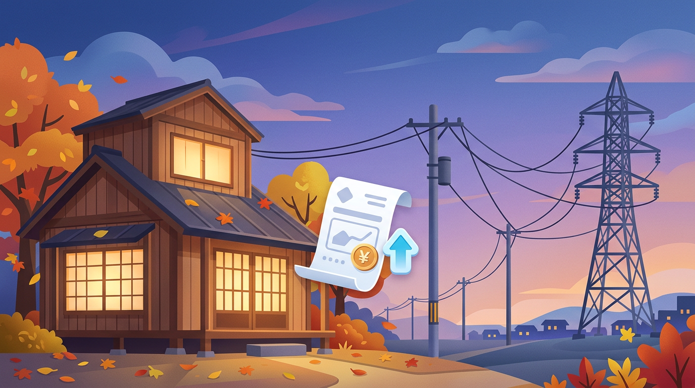 秋の夕暮れの住宅と送電線、電気代の請求書に上向きの矢印が添えられたイラスト