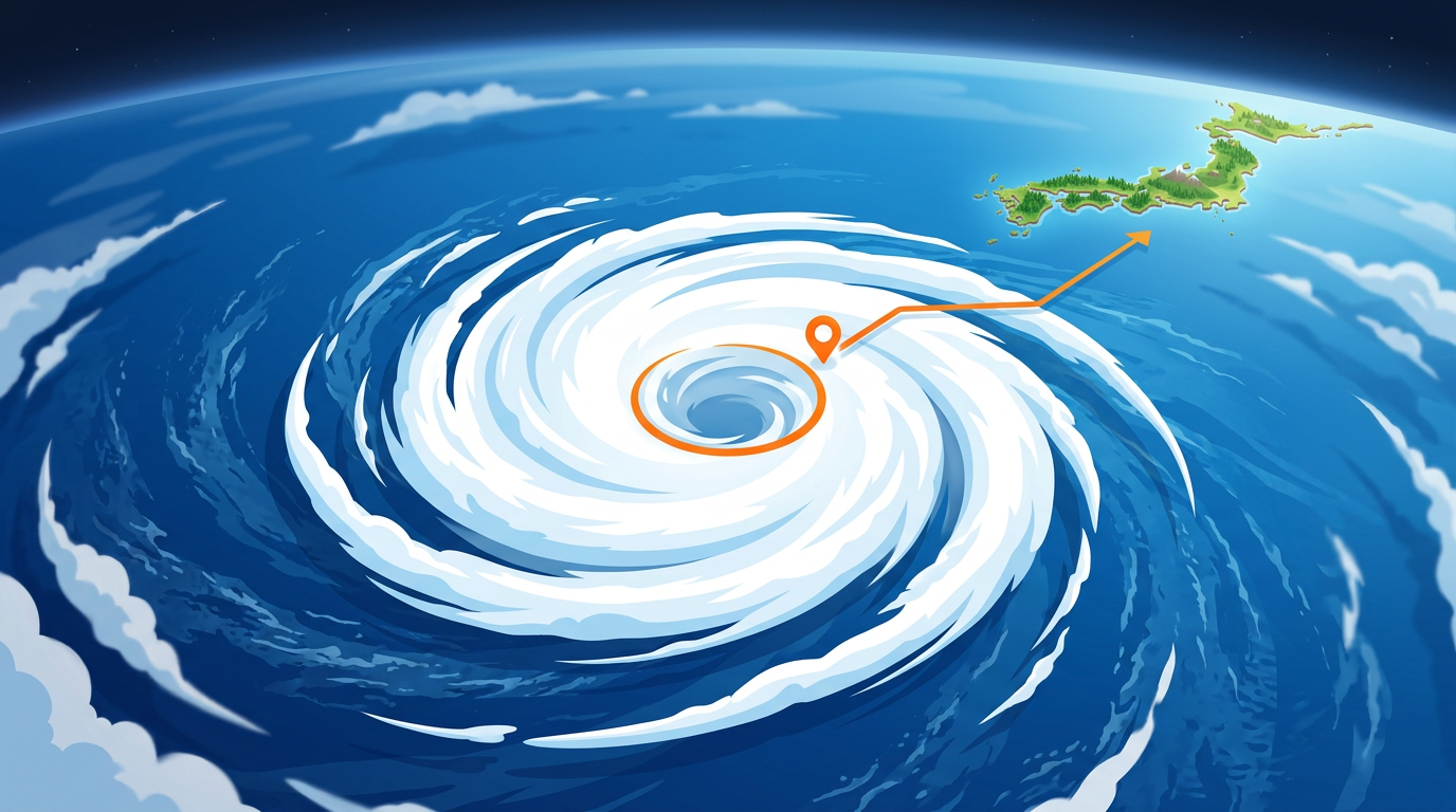 台風30号をイメージした、海上の大きな渦巻きと日本列島のイラスト
