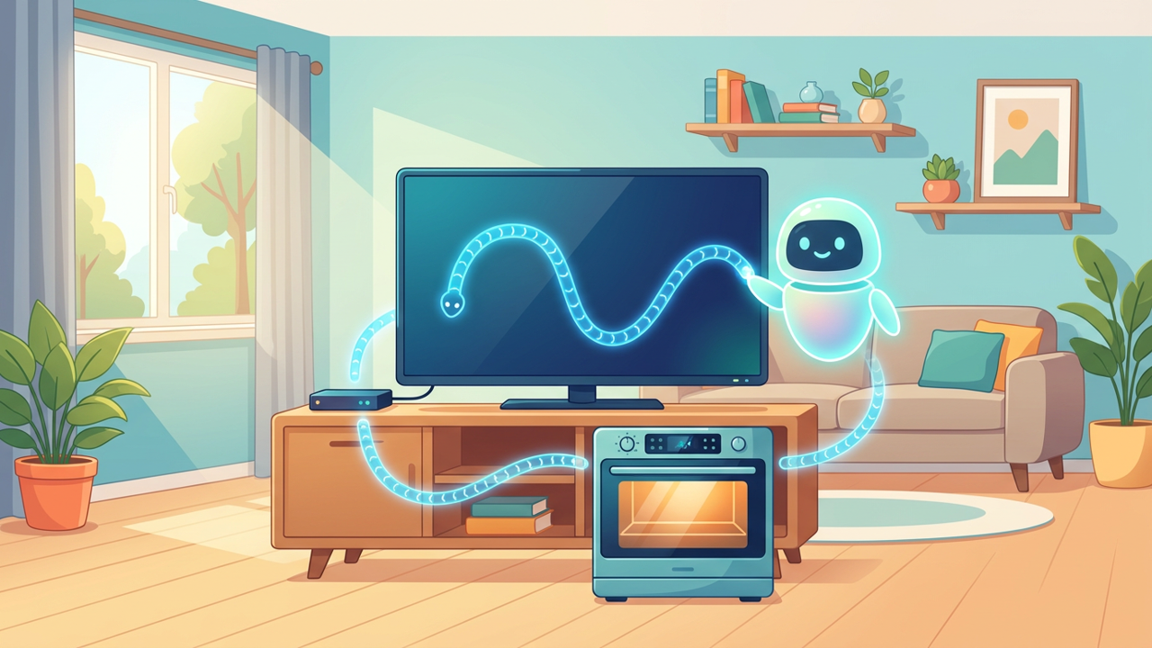 家のテレビや家電の間を光のワームが渡っていくイメージ