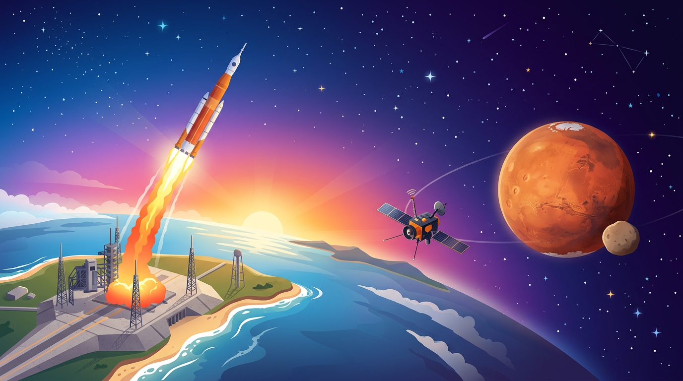 H3ロケットが夜明けに打ち上がり、火星とその衛星フォボスへ向かう探査機のイラスト