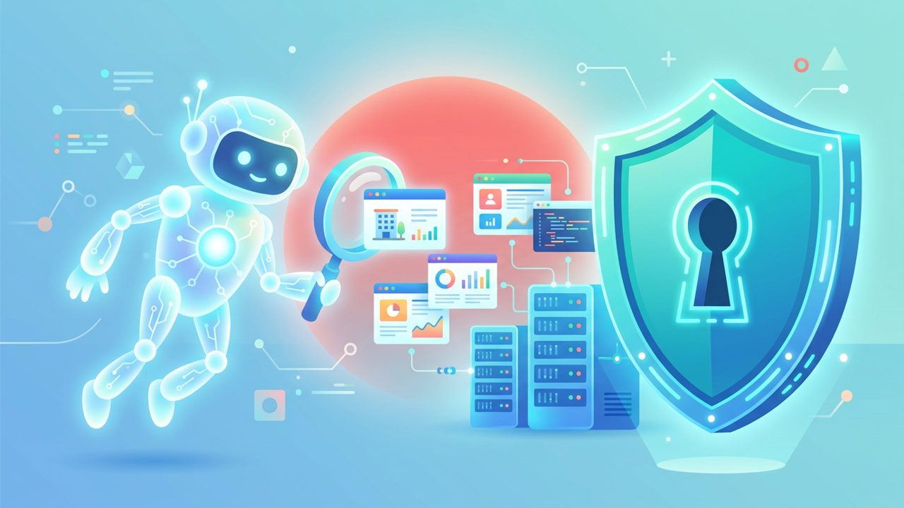 AIが企業のシステムを調べ、盾の鍵穴が守っているイメージのイラスト