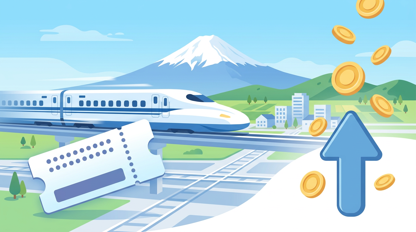 新幹線のぞみと富士山、上向きの矢印とコインで指定席の値上げを表すイラスト