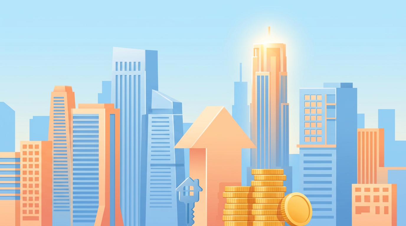 首都圏のタワーマンションと上向きの矢印、金貨のイラスト（新築マンション価格高騰のイメージ）