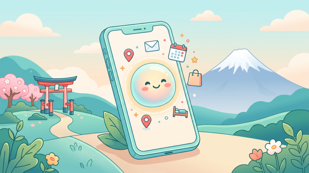 スマートフォンの中で微笑むAIアシスタントと、鳥居・富士山のイラスト（Museの日本提供開始）