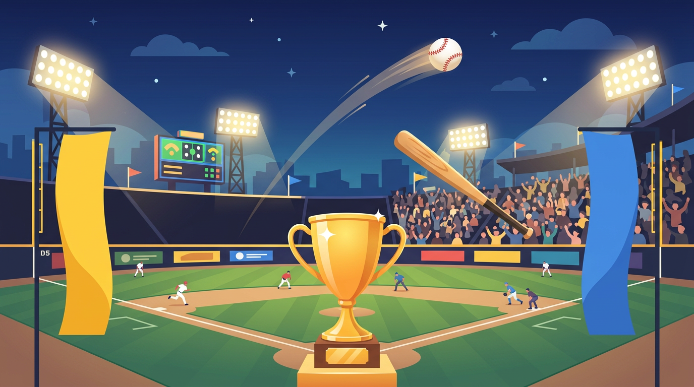 日本シリーズ2026を思わせる、夜の野球場とトロフィーのイラスト