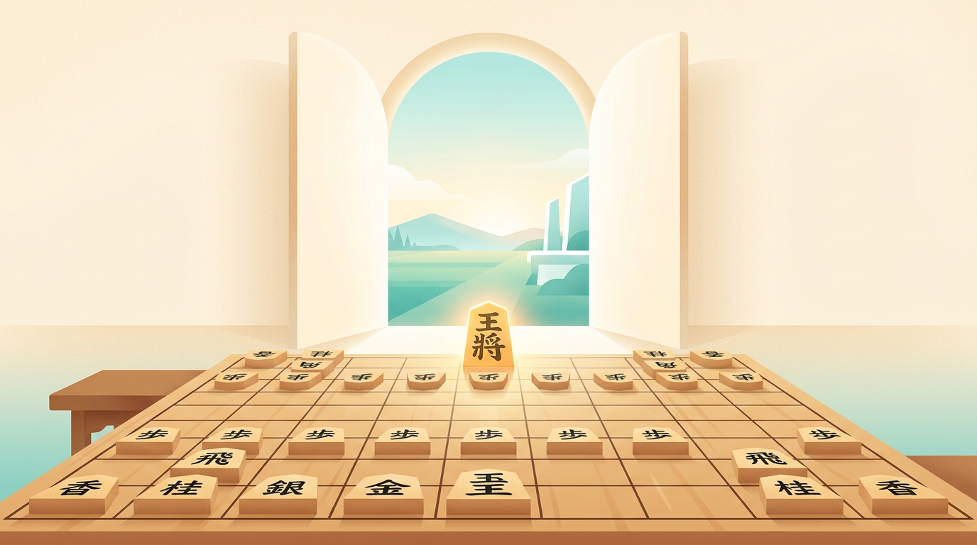 将棋盤の上で光る駒と、その先に開かれた扉のイラスト