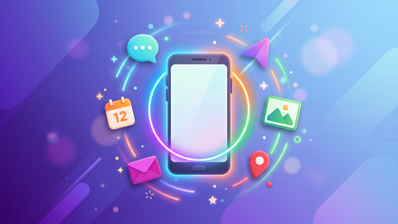 スマートフォンの周りにメッセージやカレンダーなどのアイコンが浮かぶSiri AIのイメージ