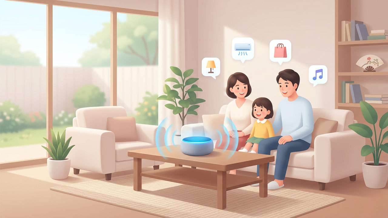 Alexa+と会話する日本の家族のイラスト